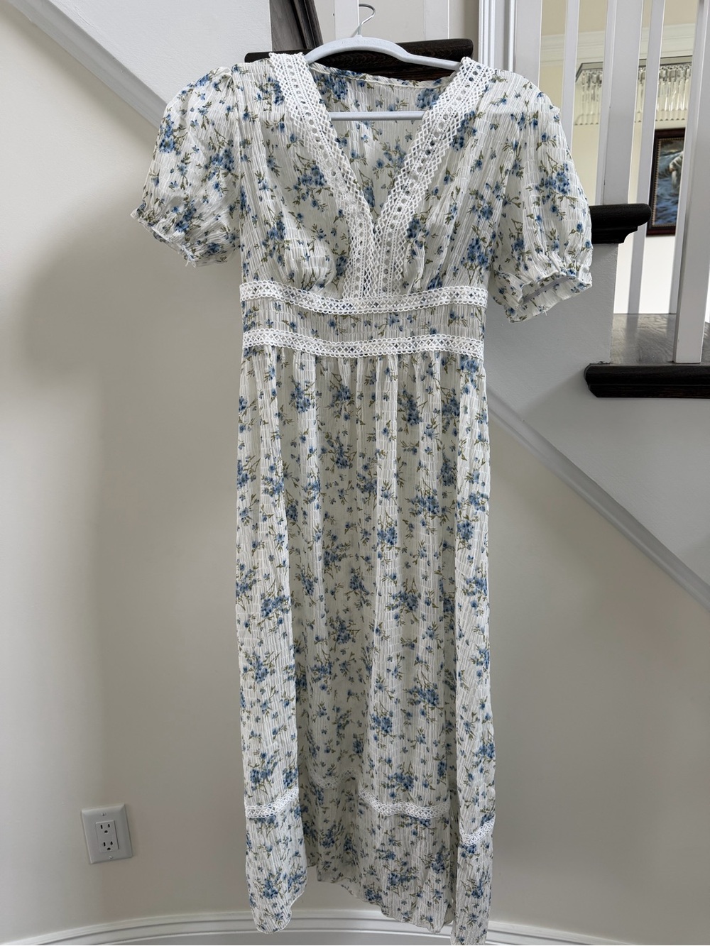 Blue Floral Lace-Trim Maxi Dress